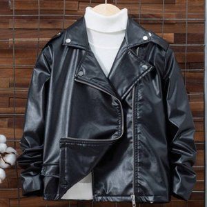 SHEIN Kids Tween Boy Zip Up PU Leather Moto Jacket Black Size 11-12Y (58 -60 IN)
